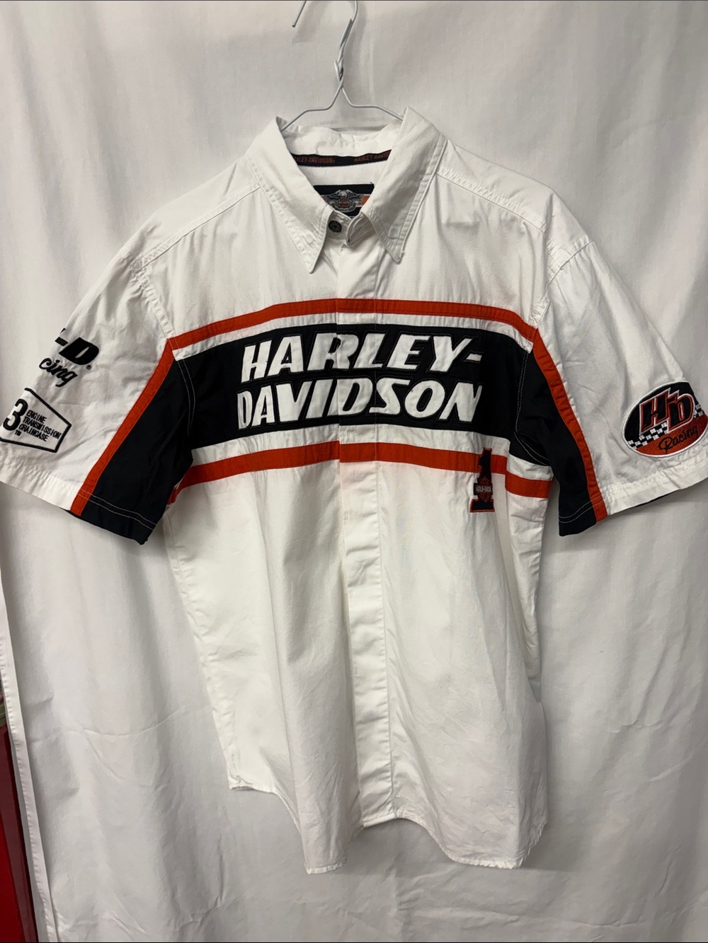 Harley-Davidson White Black and Orange Racing Button-Down Shirt sz M